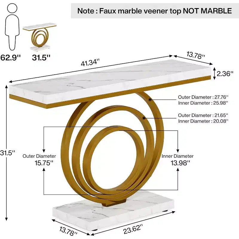 Lantine - Table d'entrée dorée de 104 cm avec plateau en placage d'faux marbre, console moderne et étroite pour salon, couloir, entrée.