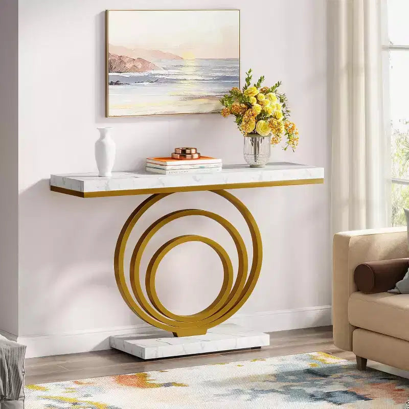 Lantine - Table d'entrée dorée de 104 cm avec plateau en placage d'faux marbre, console moderne et étroite pour salon, couloir, entrée.
