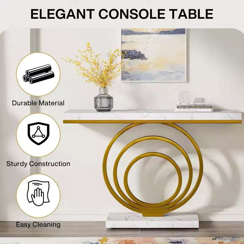 Lantine - Table d'entrée dorée de 104 cm avec plateau en placage d'faux marbre, console moderne et étroite pour salon, couloir, entrée.