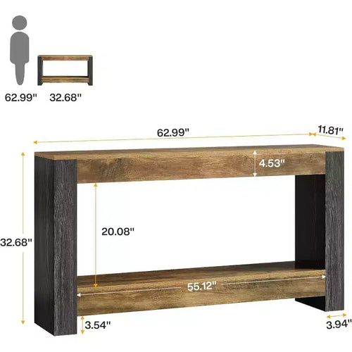 63 - Console longue pour entrée, table de canapé en bois style ferme derrière le canapé pour salon, couloir, marron rustique et noir