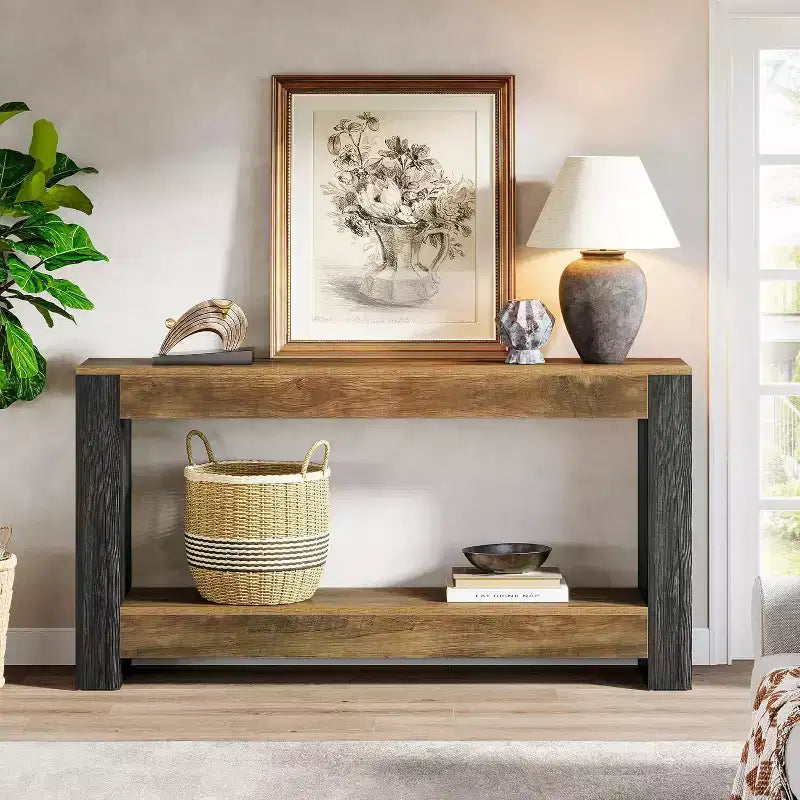 Console longue Lantine de 160 cm pour entrée, table de canapé en bois de style ferme derrière le canapé pour salon, couloir, marron rustique et noir