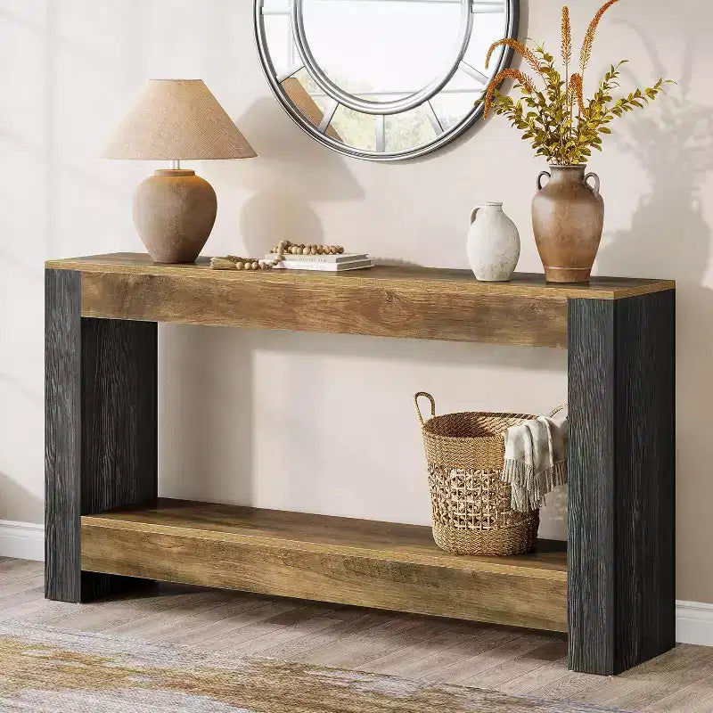 Console longue Lantine de 160 cm pour entrée, table de canapé en bois de style ferme derrière le canapé pour salon, couloir, marron rustique et noir