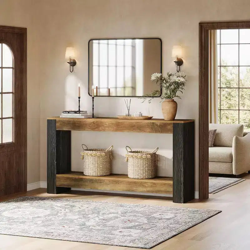 Console longue Lantine de 160 cm pour entrée, table de canapé en bois de style ferme derrière le canapé pour salon, couloir, marron rustique et noir