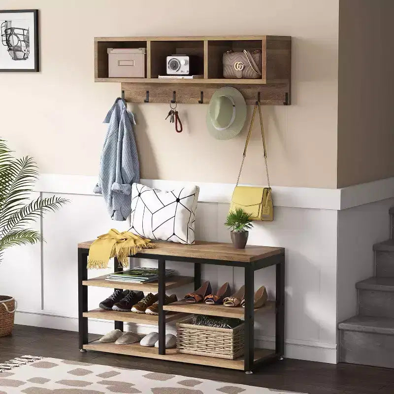 Ensemble porte-manteaux Lantine, meuble d'entrée avec banc à chaussures industriel, 3 niches de rangement et 7 patères, design 5-en-1 pour entrée/couloir, chêne vintage