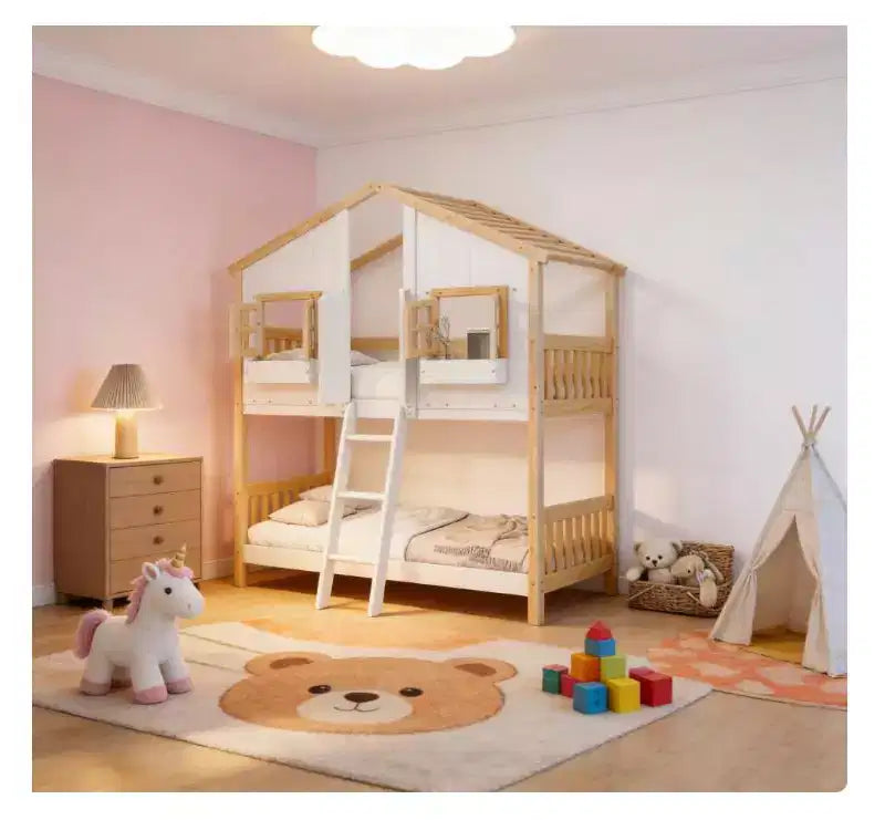 Bellemave Lit Superposé Maison Jumeau sur Jumeau pour Enfants avec Toit, Barrières de Sécurité et Échelle, Lit Superposé en Pin avec Fenêtre et Porte, Montage Facile