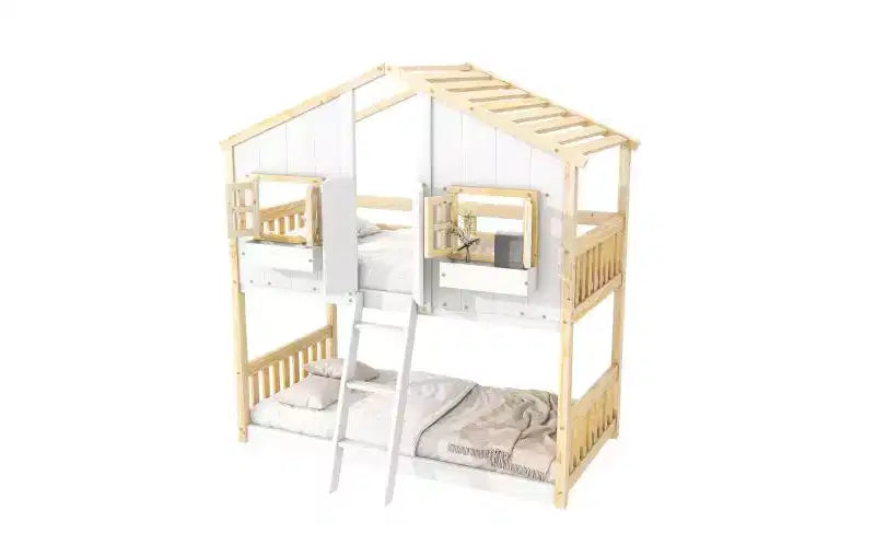 Bellemave Lit Superposé Maison Jumeau sur Jumeau pour Enfants avec Toit, Barrières de Sécurité et Échelle, Lit Superposé en Pin avec Fenêtre et Porte, Montage Facile