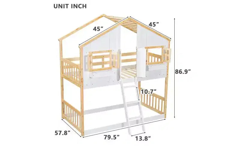 Bellemave Lit Superposé Maison Jumeau sur Jumeau pour Enfants avec Toit, Barrières de Sécurité et Échelle, Lit Superposé en Pin avec Fenêtre et Porte, Montage Facile