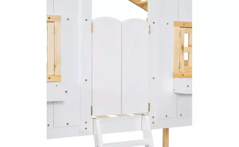 Bellemave Lit Superposé Maison Jumeau sur Jumeau pour Enfants avec Toit, Barrières de Sécurité et Échelle, Lit Superposé en Pin avec Fenêtre et Porte, Montage Facile