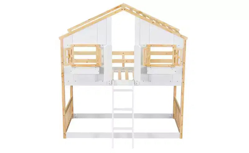 Bellemave Lit Superposé Maison Jumeau sur Jumeau pour Enfants avec Toit, Barrières de Sécurité et Échelle, Lit Superposé en Pin avec Fenêtre et Porte, Montage Facile