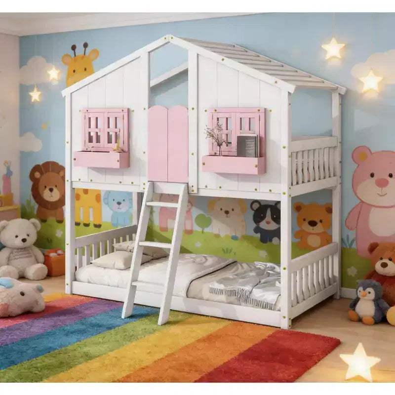 Bellemave Lit Superposé Maison Jumeau sur Jumeau pour Enfants avec Toit, Barrières de Sécurité et Échelle, Lit Superposé en Pin avec Fenêtre et Porte, Montage Facile