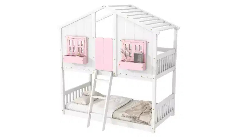 Bellemave Lit Superposé Maison Jumeau sur Jumeau pour Enfants avec Toit, Barrières de Sécurité et Échelle, Lit Superposé en Pin avec Fenêtre et Porte, Montage Facile
