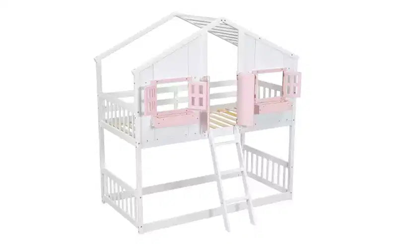 Bellemave Lit Superposé Maison Jumeau sur Jumeau pour Enfants avec Toit, Barrières de Sécurité et Échelle, Lit Superposé en Pin avec Fenêtre et Porte, Montage Facile