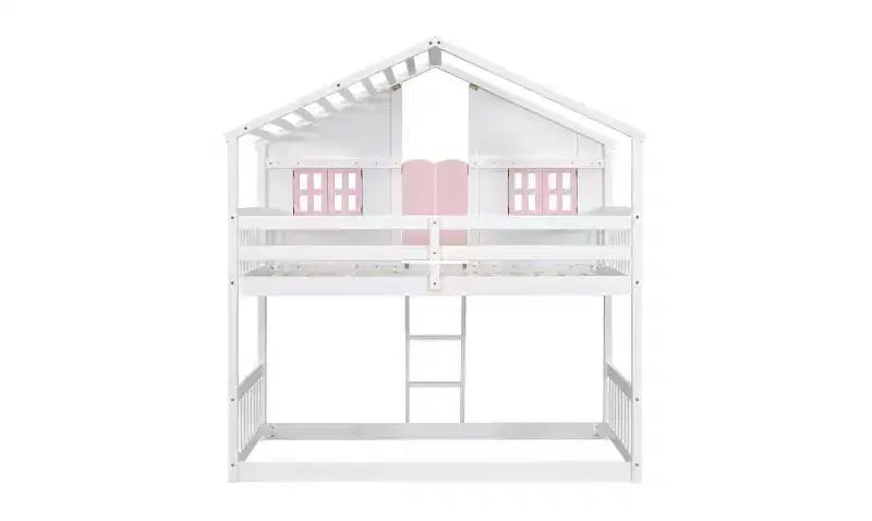 Bellemave Lit Superposé Maison Jumeau sur Jumeau pour Enfants avec Toit, Barrières de Sécurité et Échelle, Lit Superposé en Pin avec Fenêtre et Porte, Montage Facile