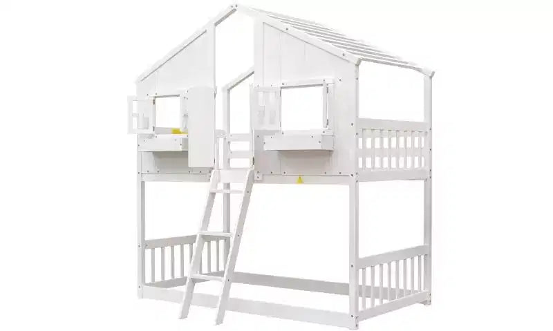 Bellemave Lit Superposé Maison Jumeau sur Jumeau pour Enfants avec Toit, Barrières de Sécurité et Échelle, Lit Superposé en Pin avec Fenêtre et Porte, Montage Facile