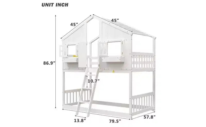 Bellemave Lit Superposé Maison Jumeau sur Jumeau pour Enfants avec Toit, Barrières de Sécurité et Échelle, Lit Superposé en Pin avec Fenêtre et Porte, Montage Facile