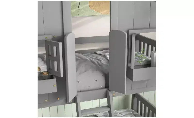 Bellemave Lit Superposé Maison Jumeau sur Jumeau pour Enfants avec Toit, Barrières de Sécurité et Échelle, Lit Superposé en Pin avec Fenêtre et Porte, Montage Facile