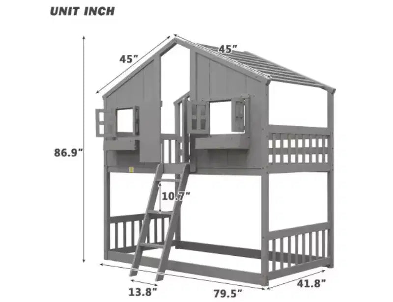 Bellemave Lit Superposé Maison Jumeau sur Jumeau pour Enfants avec Toit, Barrières de Sécurité et Échelle, Lit Superposé en Pin avec Fenêtre et Porte, Montage Facile