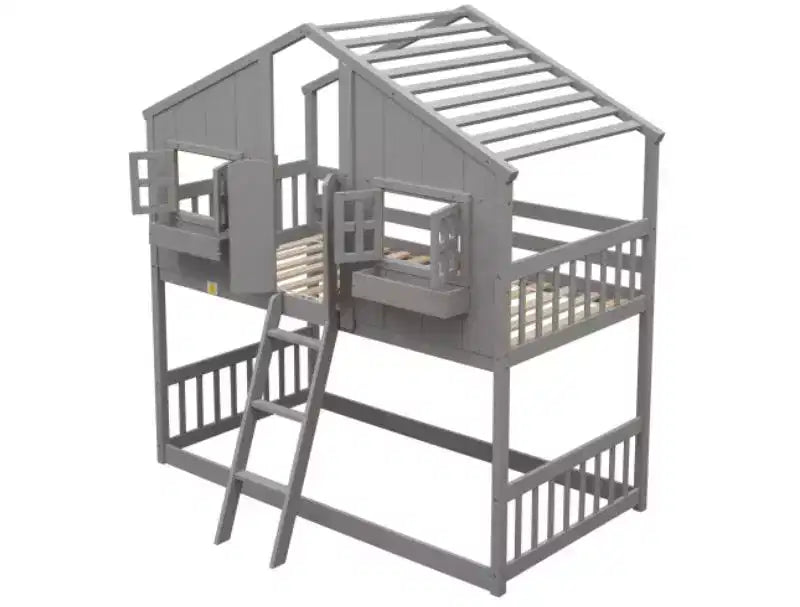 Bellemave Lit Superposé Maison Jumeau sur Jumeau pour Enfants avec Toit, Barrières de Sécurité et Échelle, Lit Superposé en Pin avec Fenêtre et Porte, Montage Facile