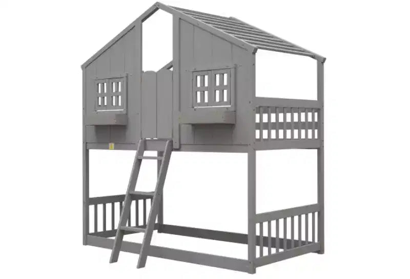 Bellemave Lit Superposé Maison Jumeau sur Jumeau pour Enfants avec Toit, Barrières de Sécurité et Échelle, Lit Superposé en Pin avec Fenêtre et Porte, Montage Facile