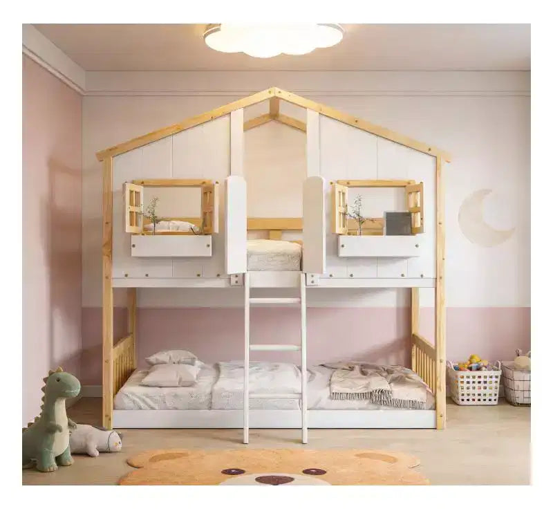 Bellemave Lit Superposé Maison Jumeau sur Jumeau pour Enfants avec Toit, Barrières de Sécurité et Échelle, Lit Superposé en Pin avec Fenêtre et Porte, Montage Facile