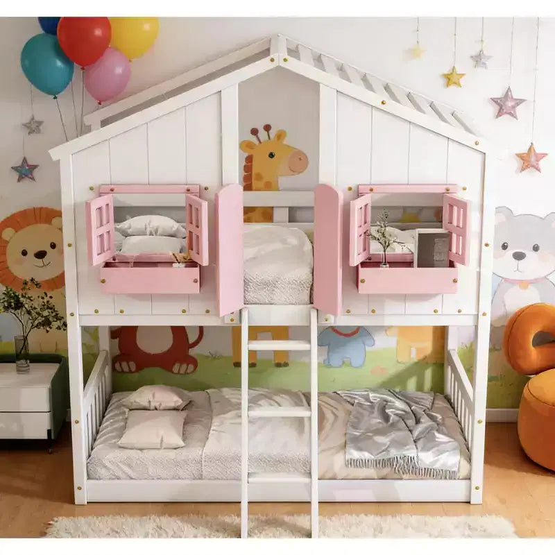Bellemave Lit Superposé Maison Jumeau sur Jumeau pour Enfants avec Toit, Barrières de Sécurité et Échelle, Lit Superposé en Pin avec Fenêtre et Porte, Montage Facile