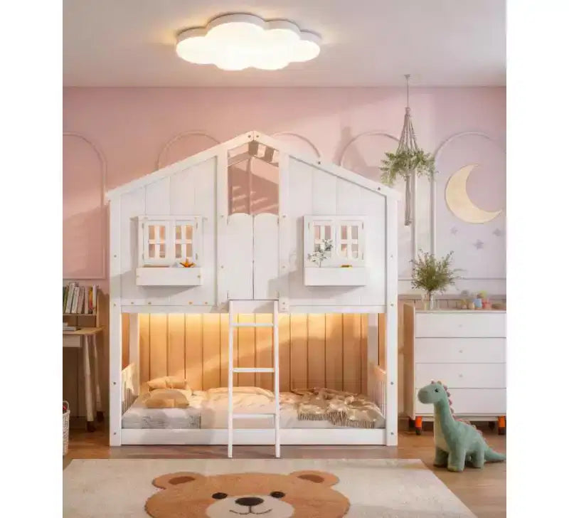 Bellemave Lit Superposé Maison Jumeau sur Jumeau pour Enfants avec Toit, Barrières de Sécurité et Échelle, Lit Superposé en Pin avec Fenêtre et Porte, Montage Facile