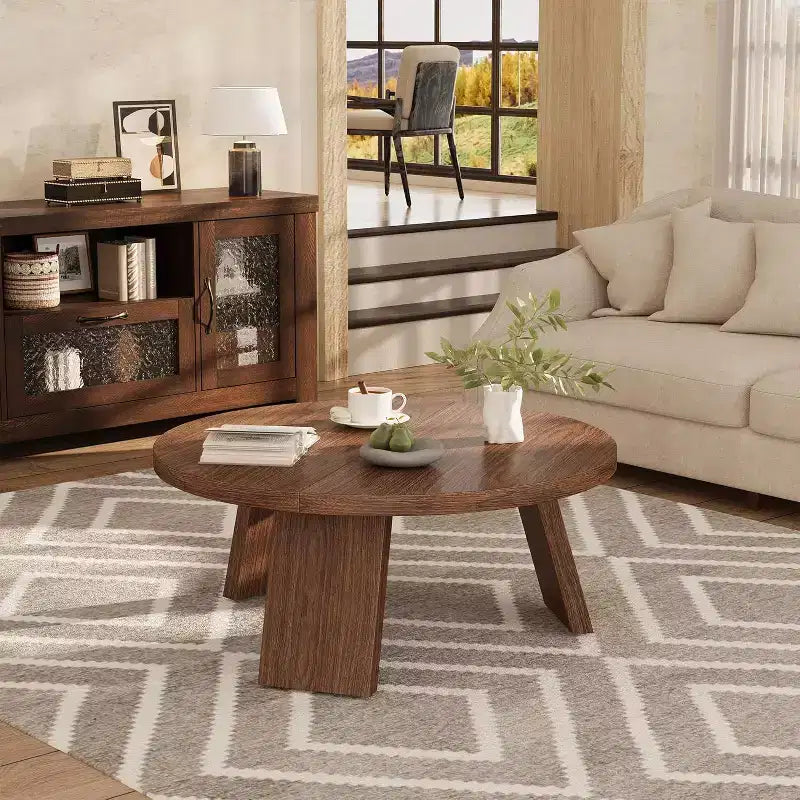 Table basse ronde 33,5 avec pieds inclinés - Table d'appoint vintage aspect bois pour salon et chambre