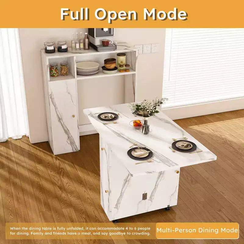 JVNOXK Table de salle à manger pliante multifonctionnelle avec armoire latérale murale et espace de rangement avec prises électriques, idéale pour les appartements compacts, blanc