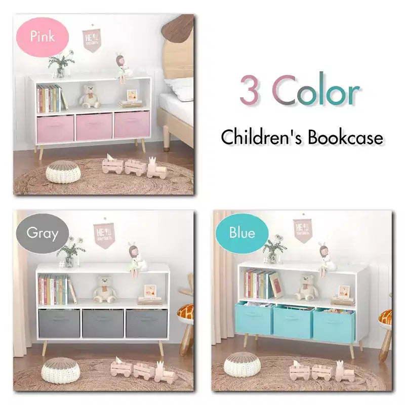 Bibliothèque pour enfants avec tiroirs en tissu pliables, présentoir de livres pour enfants, meuble de rangement de jouets, blanc/rose