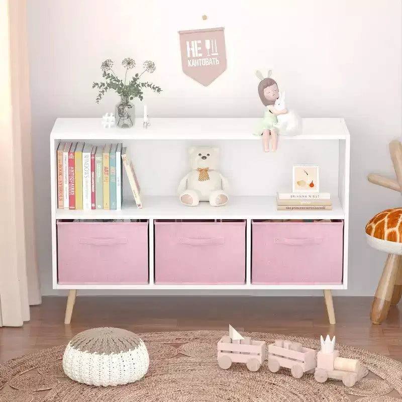 Bibliothèque pour enfants avec tiroirs en tissu pliables, présentoir de livres pour enfants, meuble de rangement de jouets, blanc/rose