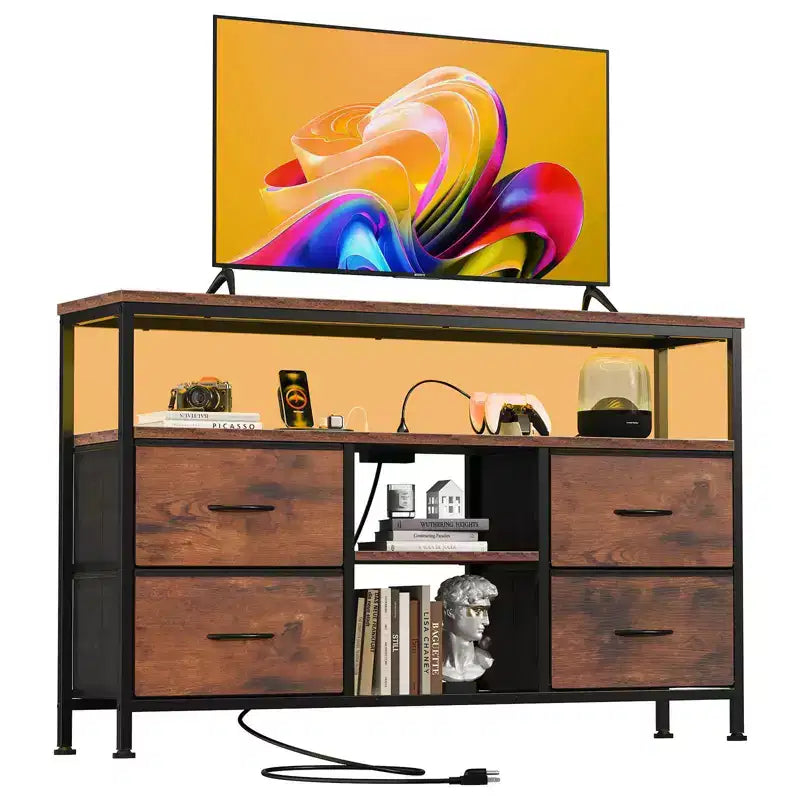 Meuble TV JIONJOY 43" avec 4 tiroirs en tissu, prise intégrée et lumières LED - Convient aux téléviseurs 50" pour le salon et la chambre à coucher