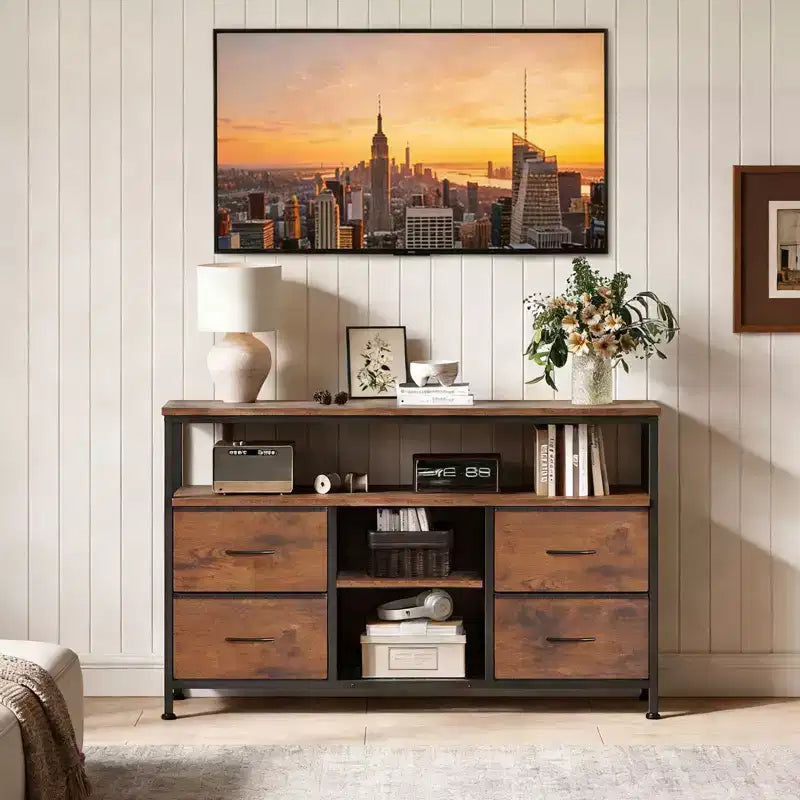 Meuble TV JIONJOY 43" avec 4 tiroirs en tissu, prise intégrée et lumières LED - Convient aux téléviseurs 50" pour le salon et la chambre à coucher
