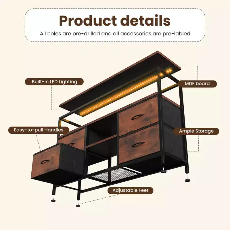 Meuble TV JIONJOY 43" avec 4 tiroirs en tissu, prise intégrée et lumières LED - Convient aux téléviseurs 50" pour le salon et la chambre à coucher