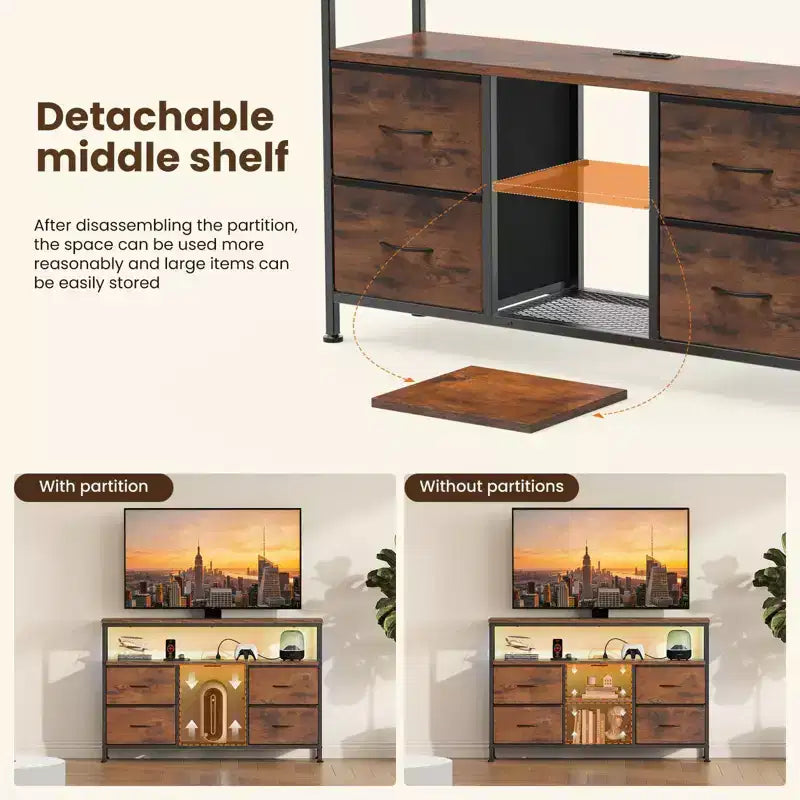 Meuble TV JIONJOY 43" avec 4 tiroirs en tissu, prise intégrée et lumières LED - Convient aux téléviseurs 50" pour le salon et la chambre à coucher