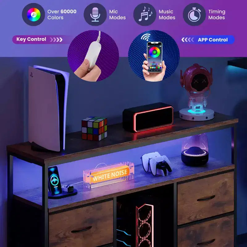 Meuble TV JIONJOY 43" avec 4 tiroirs en tissu, prise intégrée et lumières LED - Convient aux téléviseurs 50" pour le salon et la chambre à coucher