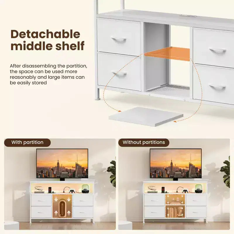 Meuble TV JIONJOY 43" avec 4 tiroirs en tissu, prise intégrée et lumières LED - Convient aux téléviseurs 50" pour le salon et la chambre à coucher