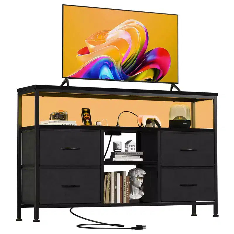 Meuble TV JIONJOY 43" avec 4 tiroirs en tissu, prise intégrée et lumières LED - Convient aux téléviseurs 50" pour le salon et la chambre à coucher
