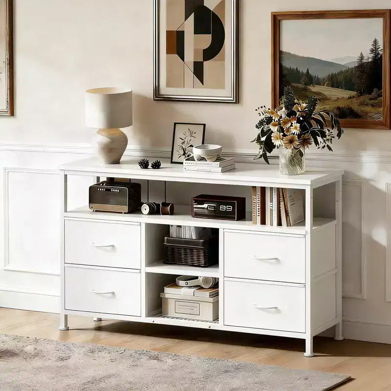 Meuble TV JIONJOY 43" avec 4 tiroirs en tissu, prise intégrée et lumières LED - Convient aux téléviseurs 50" pour le salon et la chambre à coucher