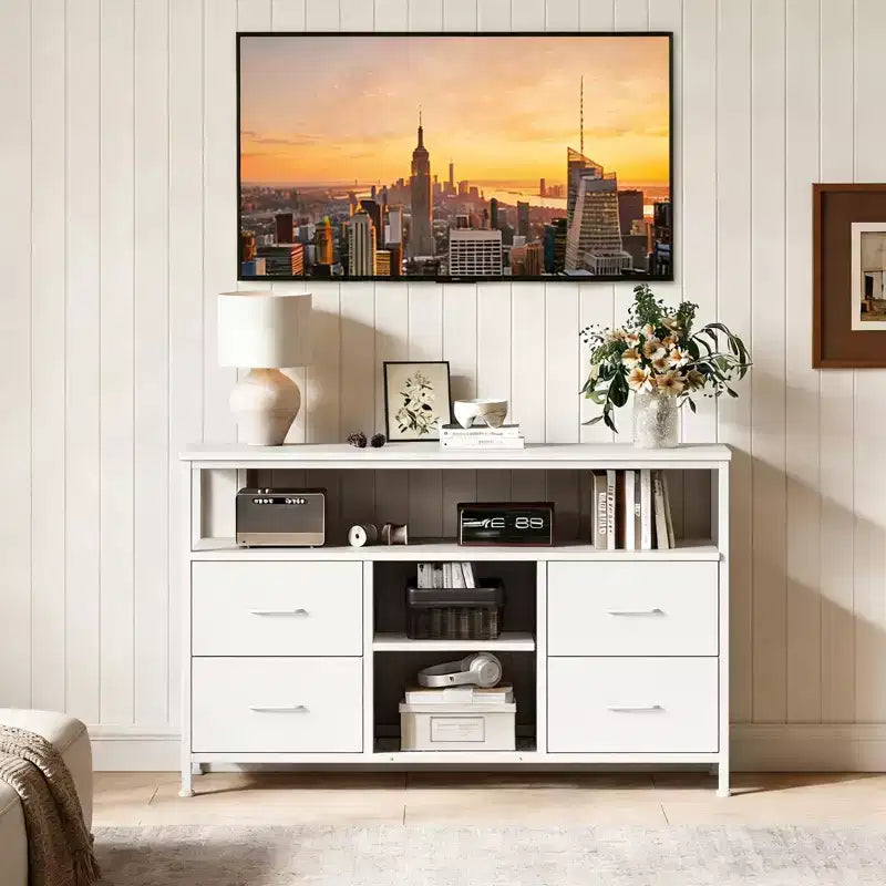 Meuble TV JIONJOY 43" avec 4 tiroirs en tissu, prise intégrée et lumières LED - Convient aux téléviseurs 50" pour le salon et la chambre à coucher