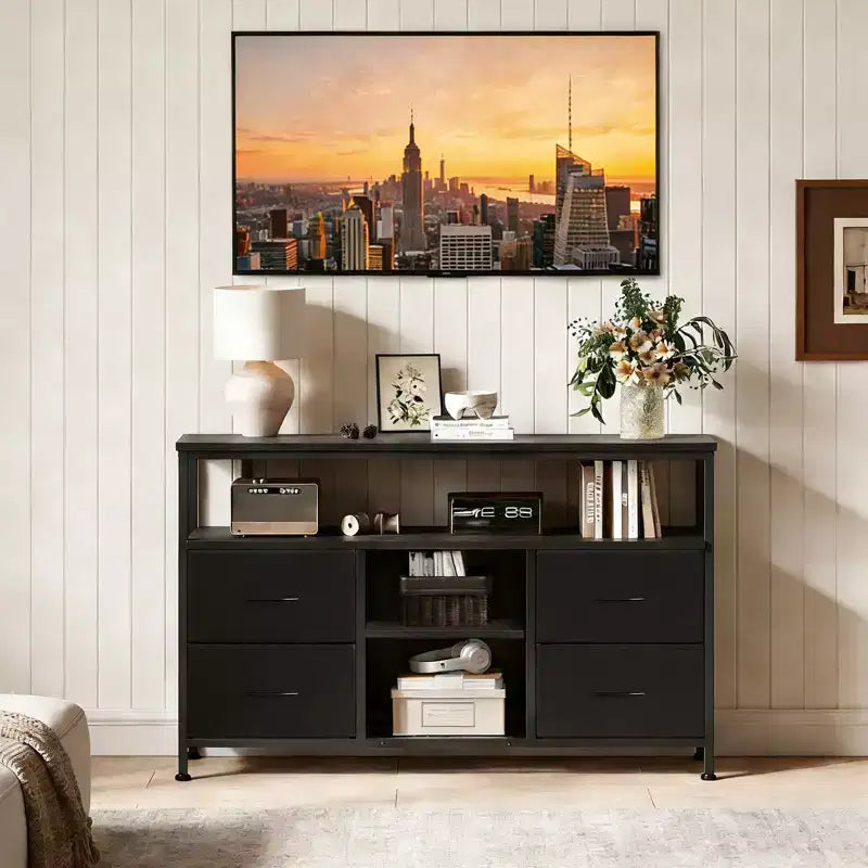 Meuble TV JIONJOY 43" avec 4 tiroirs en tissu, prise intégrée et lumières LED - Convient aux téléviseurs 50" pour le salon et la chambre à coucher