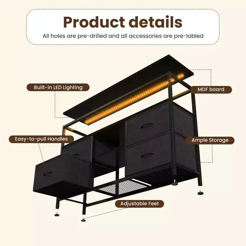 Meuble TV JIONJOY 43" avec 4 tiroirs en tissu, prise intégrée et lumières LED - Convient aux téléviseurs 50" pour le salon et la chambre à coucher