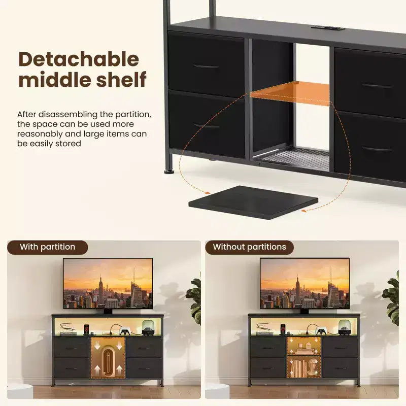 Meuble TV JIONJOY 43" avec 4 tiroirs en tissu, prise intégrée et lumières LED - Convient aux téléviseurs 50" pour le salon et la chambre à coucher