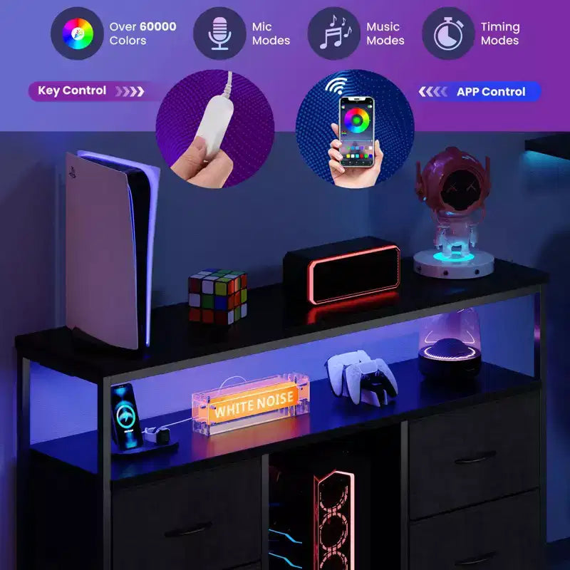 Meuble TV JIONJOY 43" avec 4 tiroirs en tissu, prise intégrée et lumières LED - Convient aux téléviseurs 50" pour le salon et la chambre à coucher