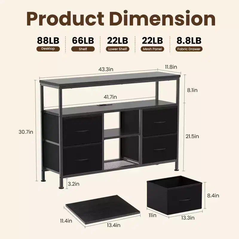 JIONJOY 43 TV Stand with 4 Fabric Drawers, Built-in Outlet & LED Lights - Fits 50 TVs for Living Room Bedroom