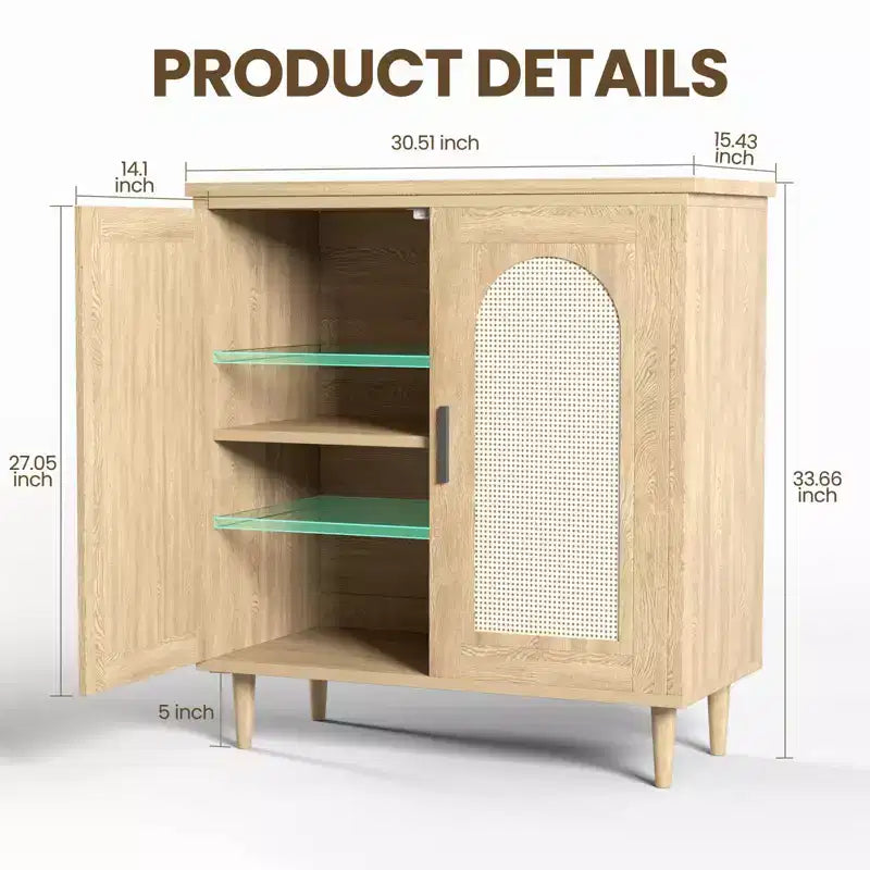 Meuble de buffet en rotin avec rangement, buffet avec 2 portes et étagères réglables, placard en bois bohème