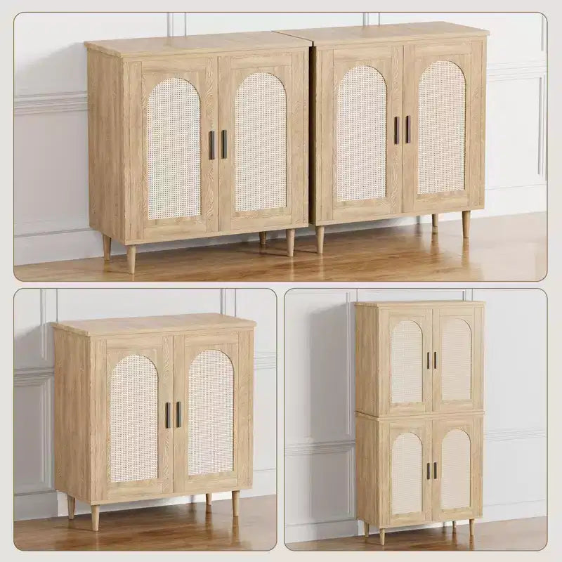 Meuble de buffet en rotin avec rangement, buffet avec 2 portes et étagères réglables, placard en bois bohème