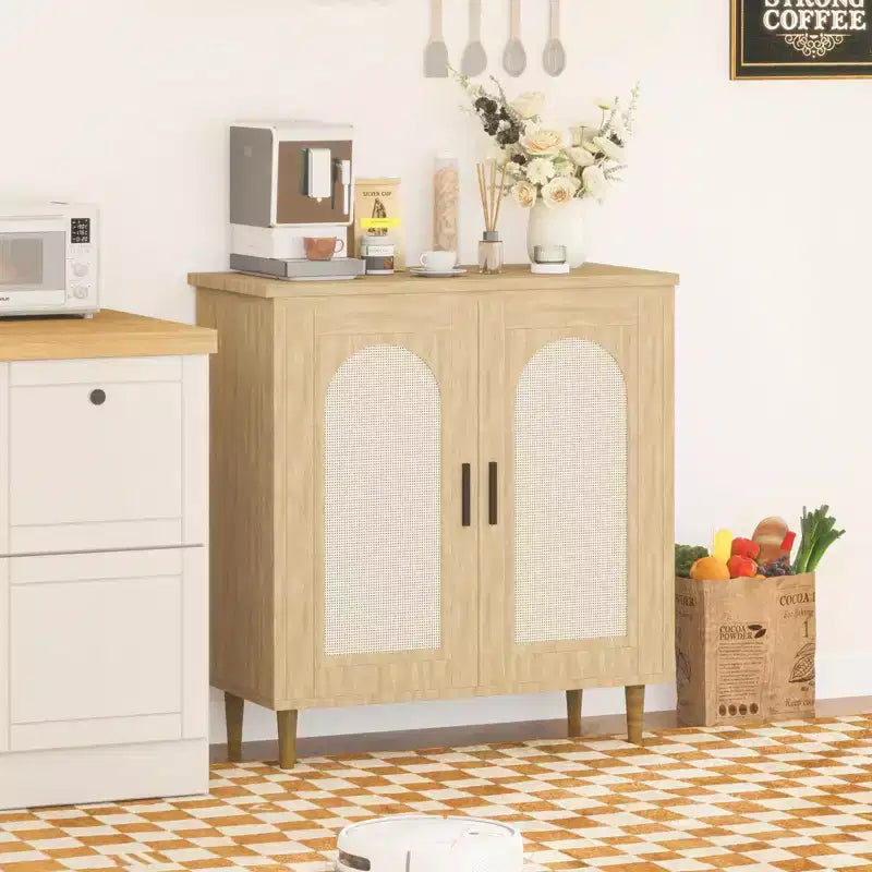 Meuble de buffet en rotin avec rangement, buffet avec 2 portes et étagères réglables, placard en bois bohème