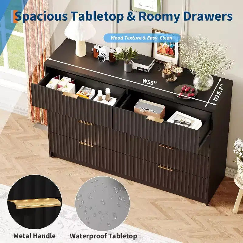 Commode double flûtée à 8 tiroirs, grand chiffonnier anti-basculement pour chambre à coucher, noir