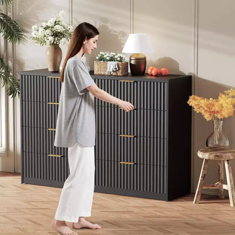 Commode double flûtée à 8 tiroirs, grand chiffonnier anti-basculement pour chambre à coucher, noir