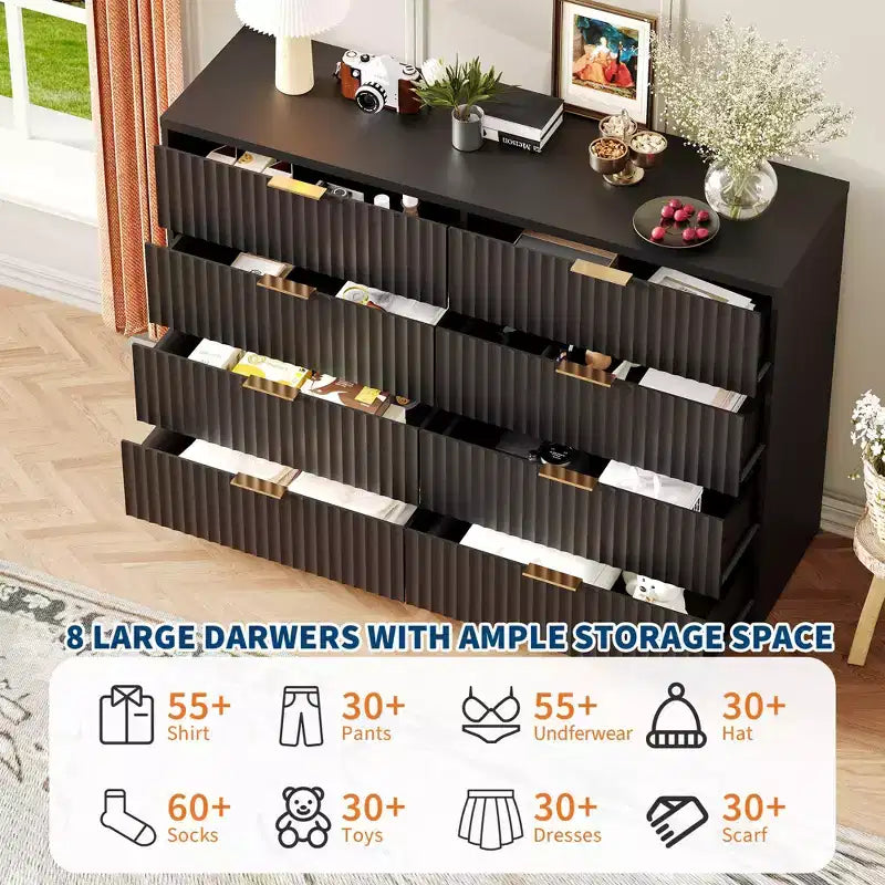 Commode double flûtée à 8 tiroirs, grand chiffonnier anti-basculement pour chambre à coucher, noir